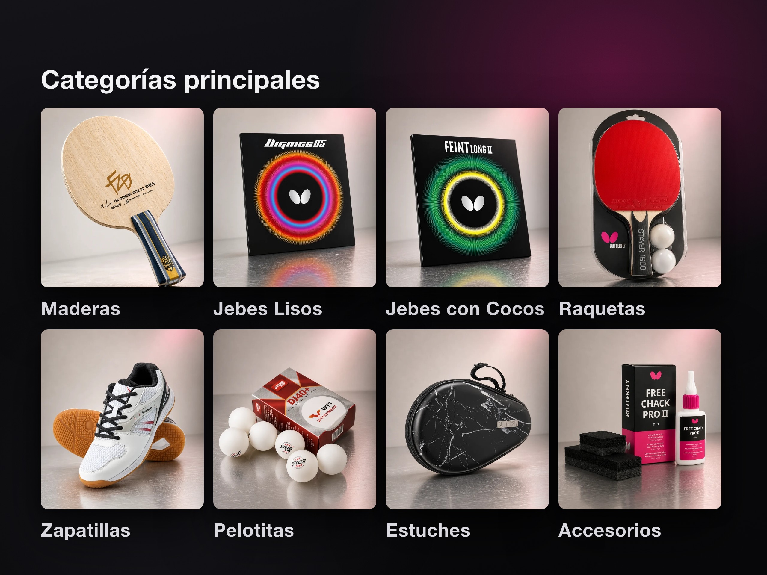 Las ocho familias del catálogo de Sportt sobre fondo oscuro: maderas, jebes lisos, jebes con cocos, raquetas, zapatillas, pelotitas, estuches y accesorios