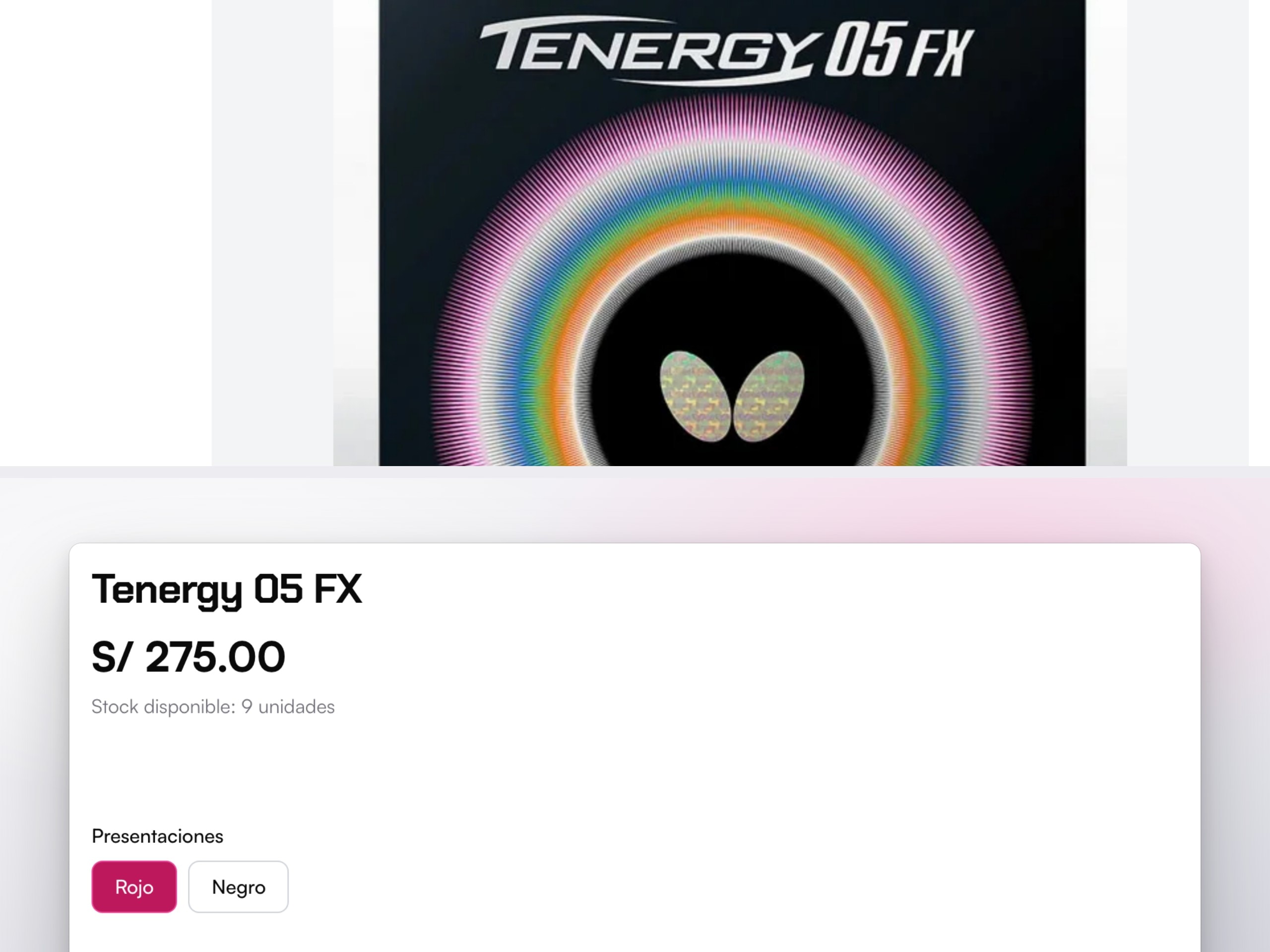 Ficha del jebe Tenergy 05 FX en sporttperu.com, con el cuadro de compra ampliado