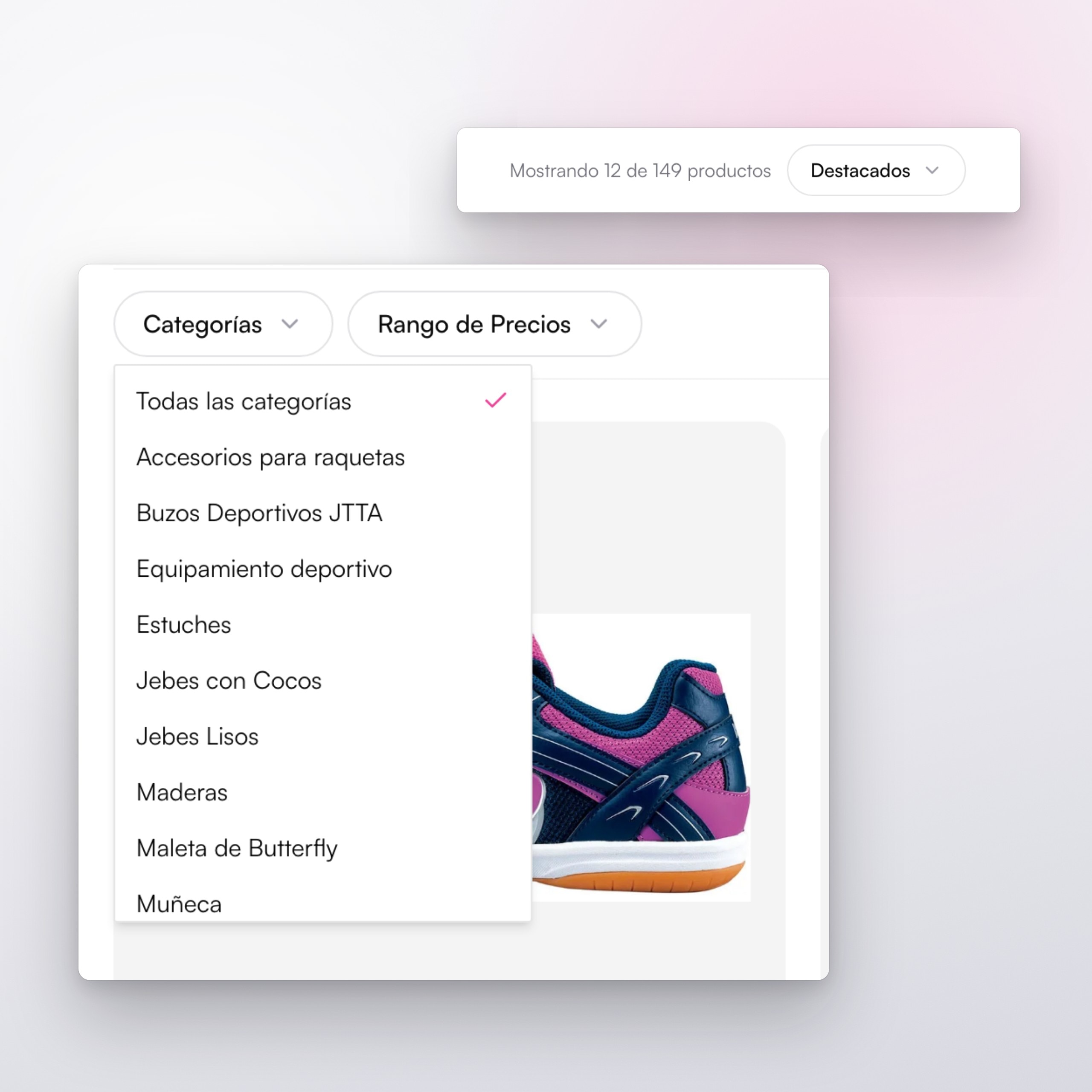 Filtro de categorías abierto sobre el catálogo de 149 productos de Sportt