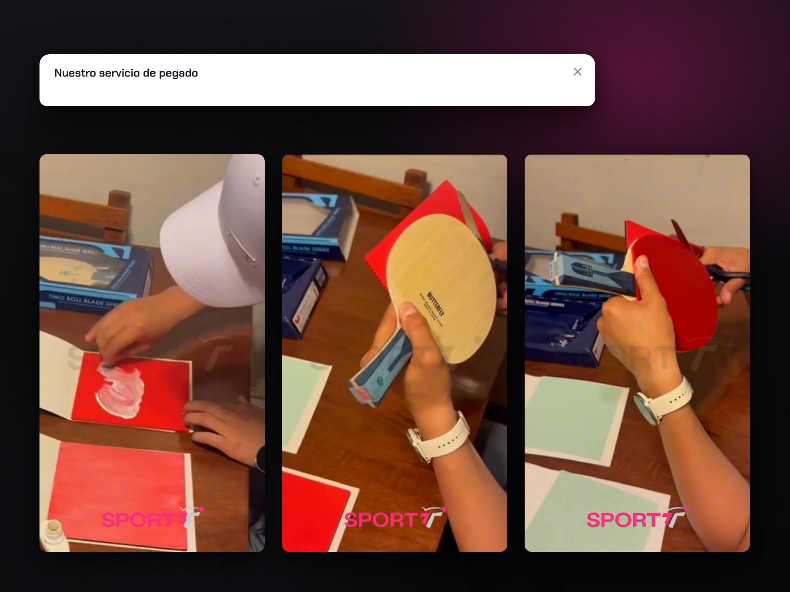 La cabecera del modal «Nuestro servicio de pegado» y la secuencia del vídeo del taller: encolado, prensado y recorte del jebe sobre la madera