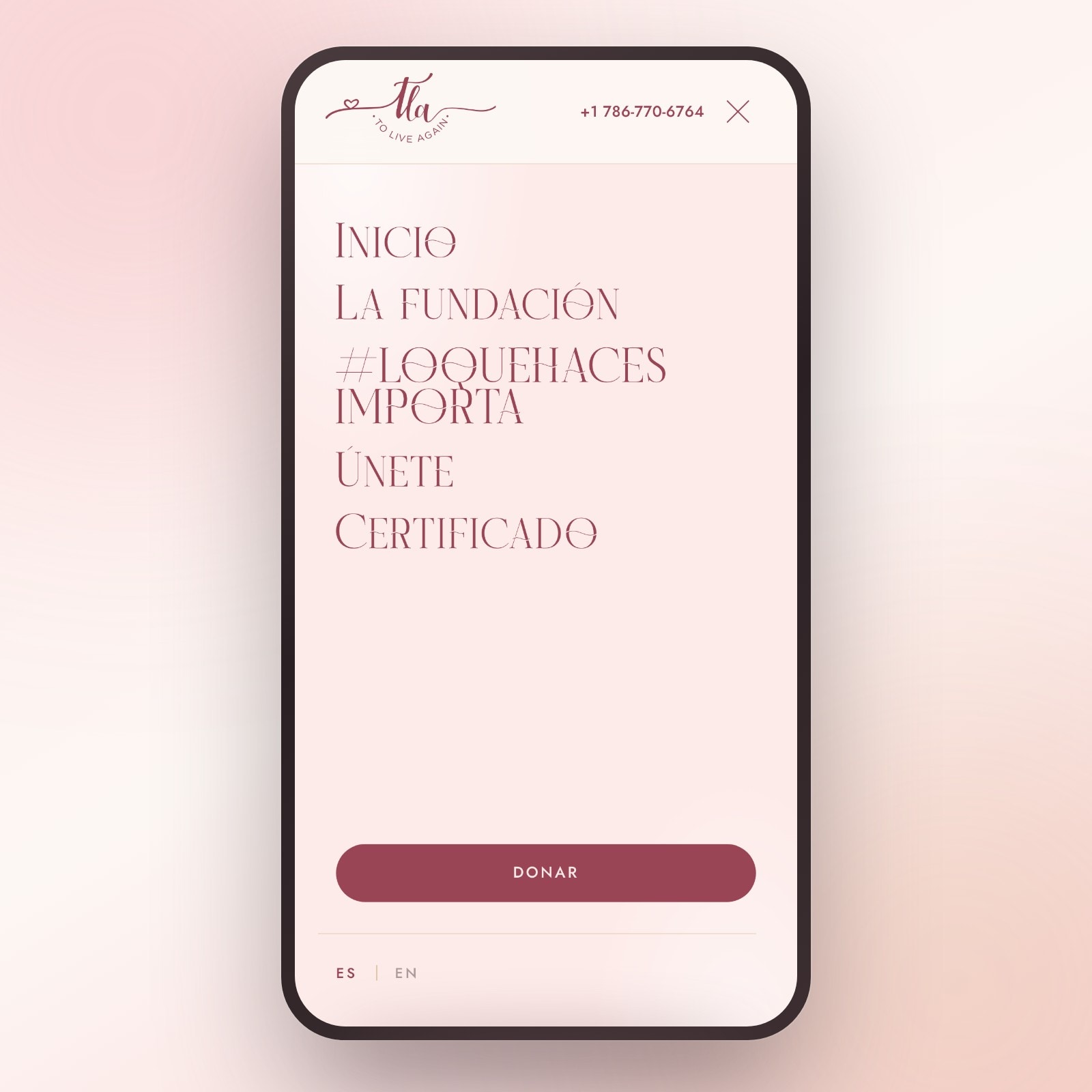 Menú de toliveagain.org en un teléfono, con el número de la fundación en la barra