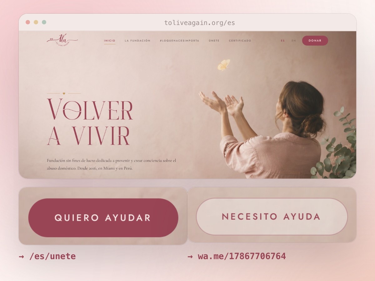 Portada de toliveagain.org con los botones «quiero ayudar» y «necesito ayuda» ampliados