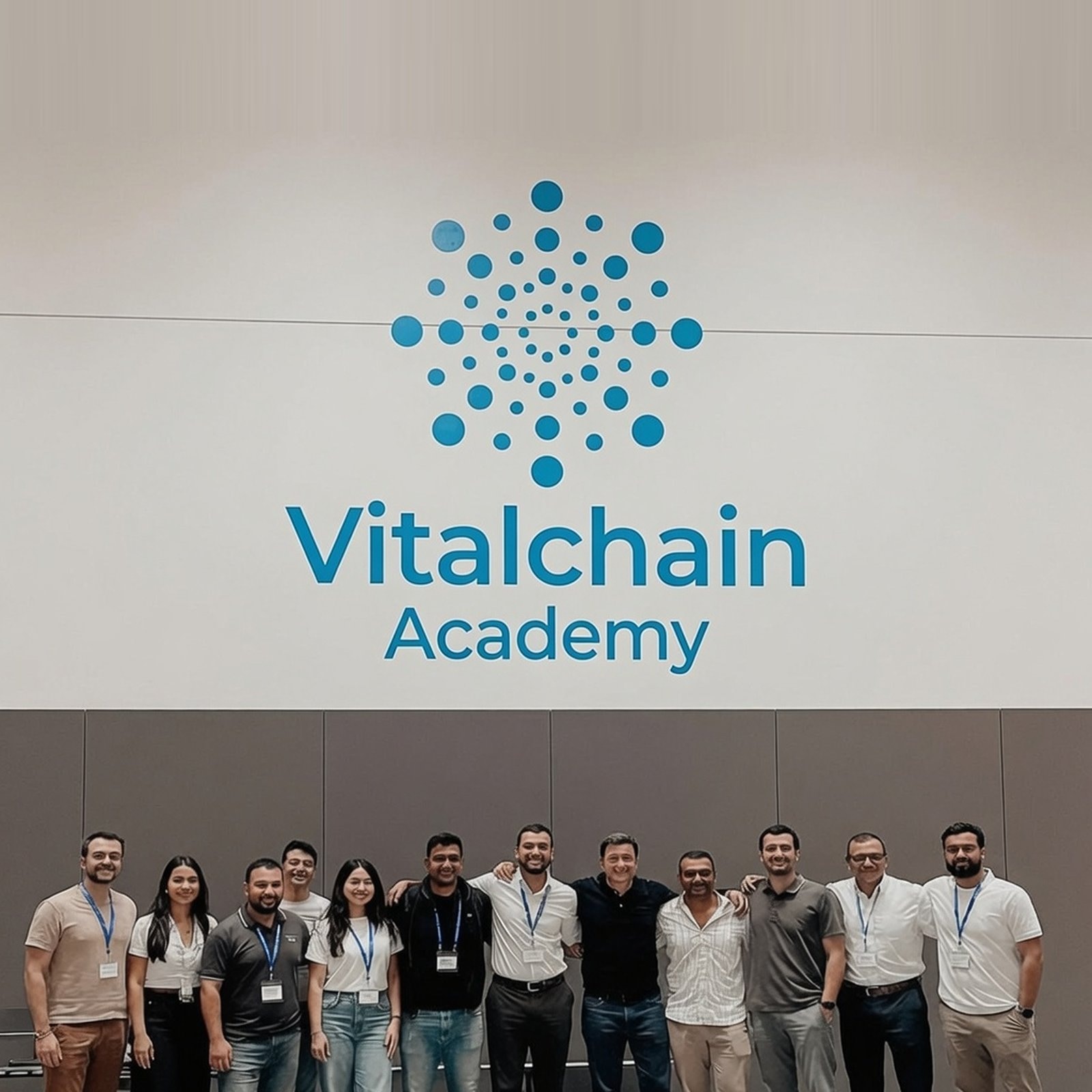 El equipo de VitalChain fotografiado bajo el rótulo de la academia